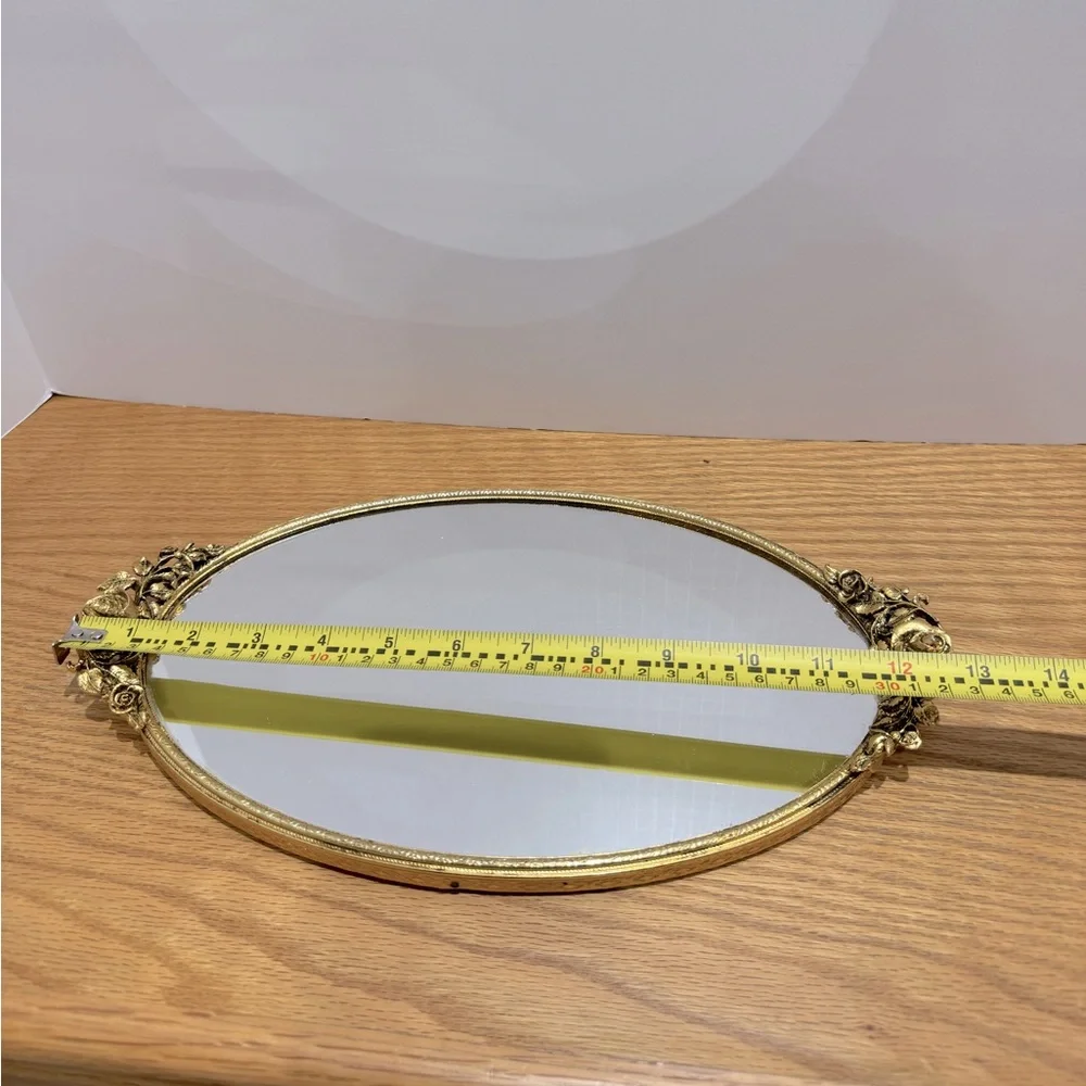 Gold Metal Vanity Tray Set with Jewelry Stand and Mirrored Tray